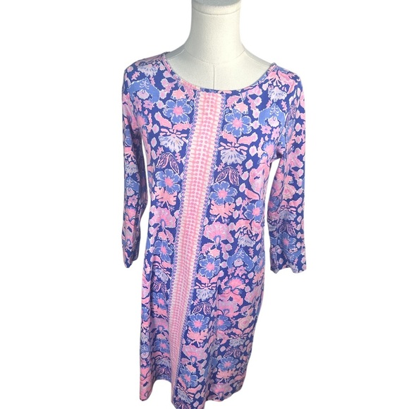 Lilly Pulitzer Pink Blue Floral Shift Dress Size Small 3/4 Sleeve Beach Resort - Picture 2 of 6